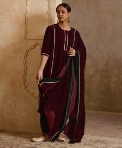 Maroon Lace Work Velvet Suit Set - Set of 3