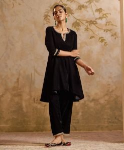 Lace Work Velvet Kurta with Salwar Black - Set of 2