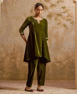 Lace Work Velvet Kurta with Salwar Olive - Set of 2