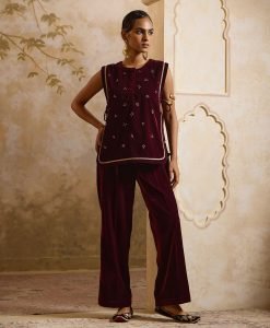 Maroon Sequins Embroidery Velvet Co-ord Set - Set of 2