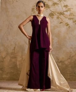 Maroon Cream Lace Work Velvet Suit Set - Set of 3