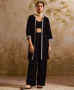 Black Lace Work Velvet Blazer with Blouse and Pants - Set of 3
