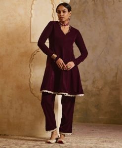 Wine Sequins Embroidered Velvet Kurta with Pants - Set of 2