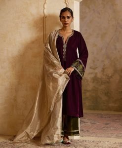 Wine Zari Embroidered Velvet Suit - Set of 3