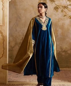 Blue Gota Embroidered Velvet Suit - Set of 3