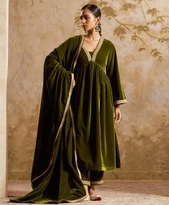 Olive Green Lace Work Velvet Suit - Set of 3