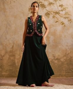 Bottle Green Gota Embroidered Velvet Top with Skirt - Set of 2