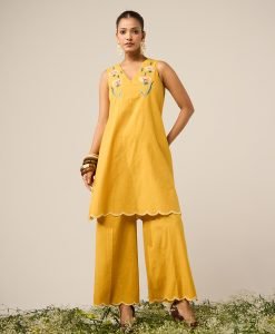 Yellow Embroidered Cotton Kurta with Palazzo- Set of 2 - Mist Flora