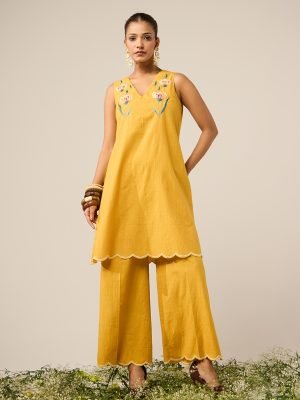 Yellow Embroidered Cotton Kurta with Palazzo- Set of 2 - Mist Flora