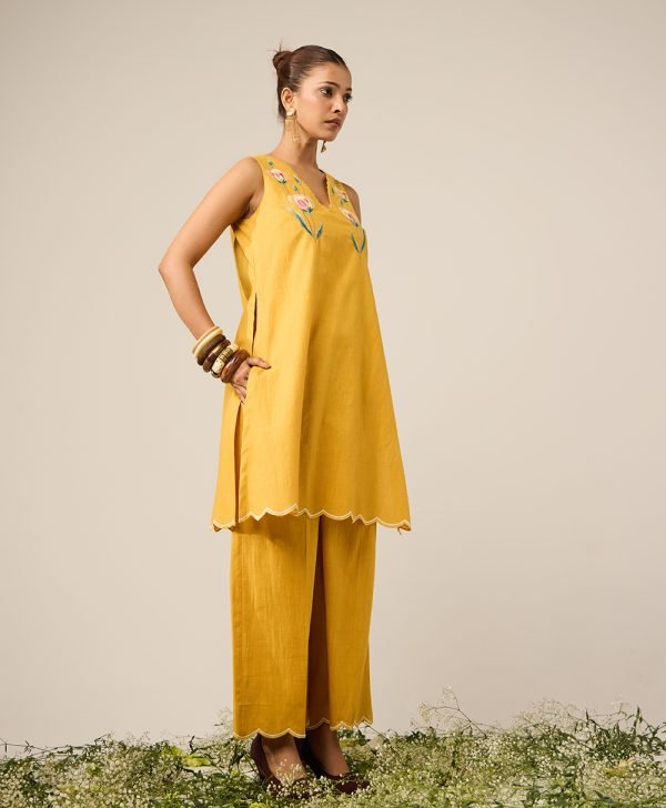 Yellow Embroidered Cotton Kurta with Palazzo- Set of 2 - Mist Flora