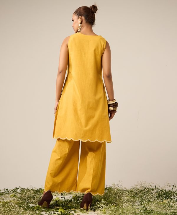 Yellow Embroidered Cotton Kurta with Palazzo- Set of 2 - Mist Flora