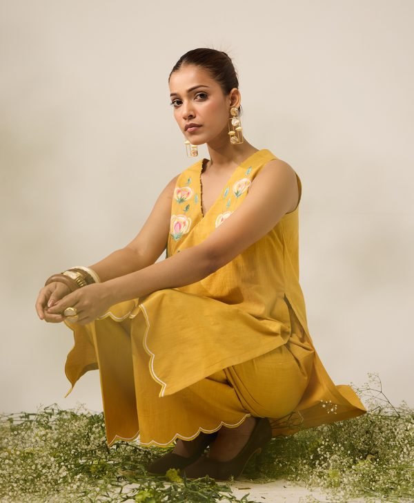 Yellow Embroidered Cotton Kurta with Palazzo- Set of 2 - Mist Flora