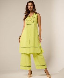 Lime green embroided set - Mist Flora