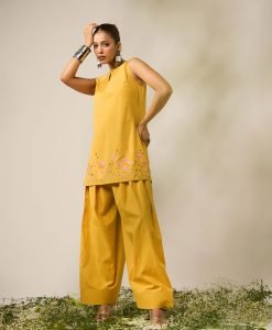 Yellow Embroidered Cotton Co-ord Set- Set of 2 - Mist Flora