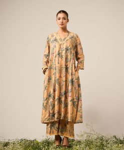 Mustard Yellow Printed Cotton Kurta with Pants- Set of 2 - Mist Flora