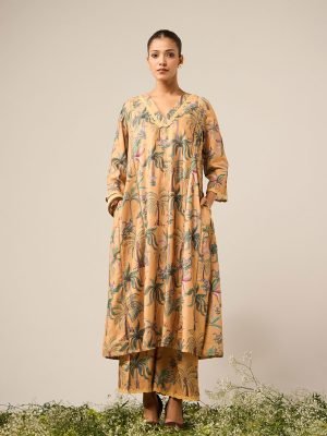 Mustard Yellow Printed Cotton Kurta with Pants- Set of 2 - Mist Flora