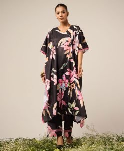 Black Printed Cotton Kaftan with Pants- Set of 2 - Mist Flora