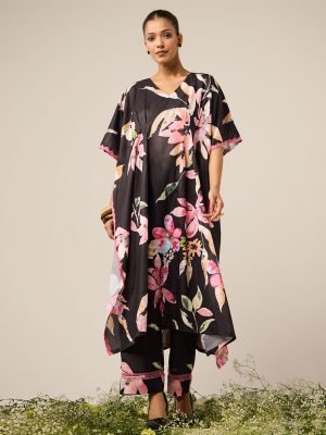 Black Printed Cotton Kaftan with Pants- Set of 2 - Mist Flora
