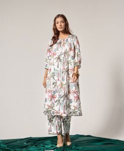 Ecru Printed Cotton Kurta with Pants- Set of 2 - Mist Flora