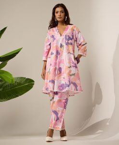 Pink Printed Cotton Kurta with Pants- Set of 2 - Mist Flora