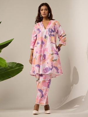 Pink Printed Cotton Kurta with Pants- Set of 2 - Mist Flora