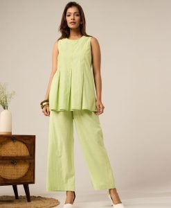 Mint Green Embroidered Cotton Co-ord Set- Set of 2 - Mist Flora