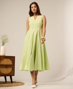 Mint Green Lace Work Cotton Dress - Mist Flora