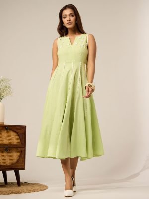 Mint Green Lace Work Cotton Dress - Mist Flora
