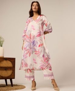 Multicolor Printed Cotton Kurta with Pants- Set of 2 - Mist Flora