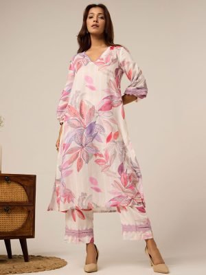 Multicolor Printed Cotton Kurta with Pants- Set of 2 - Mist Flora