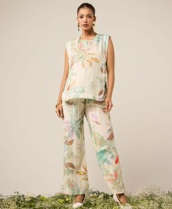 Multicolor Printed Cotton Co-ord Set- Set of 2 - Mist Flora
