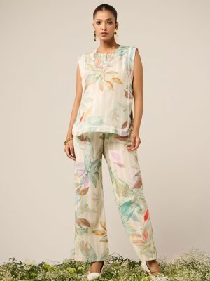 Multicolor Printed Cotton Co-ord Set- Set of 2 - Mist Flora