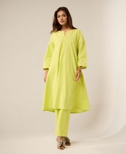 Lime Green Embroidered Cotton Kurta with Pants- Set of 2 - Mist Flora