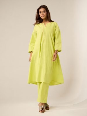 Lime Green Embroidered Cotton Kurta with Pants- Set of 2 - Mist Flora