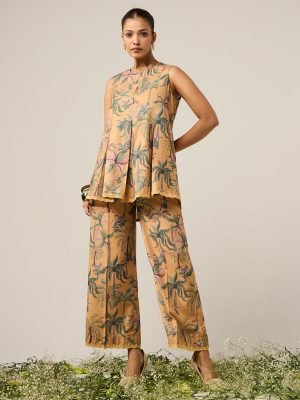 Mustard Yellow Printed Cotton Co-ord Set- Set of 2 - Mist Flora