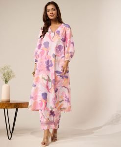 Pink Printed Cotton Kurta with Pants- Set of 2 - Mist Flora