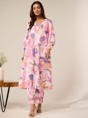 Pink Printed Cotton Kurta with Pants- Set of 2 - Mist Flora