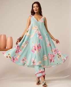 Mint Green Printed Cotton Kurta with Pants- Set of 2 - Mist Flora