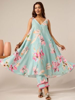 Mint Green Printed Cotton Kurta with Pants- Set of 2 - Mist Flora
