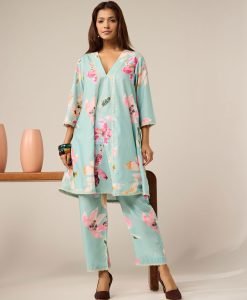 Mint Green Printed Cotton Kurta with Pants- Set of 2 - Mist Flora