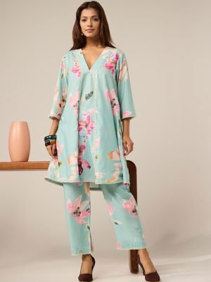 Mint Green Printed Cotton Kurta with Pants- Set of 2 - Mist Flora