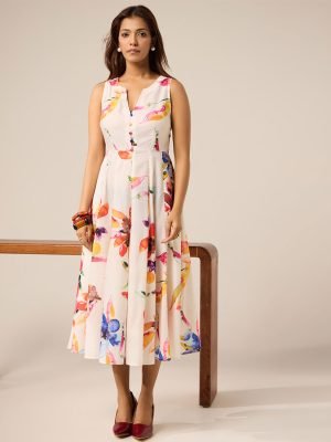 Off White Printed Cotton Dress - Mist Flora