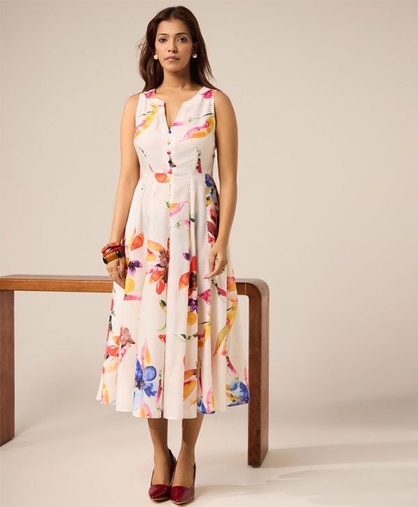 Off White Printed Cotton Dress - Mist Flora