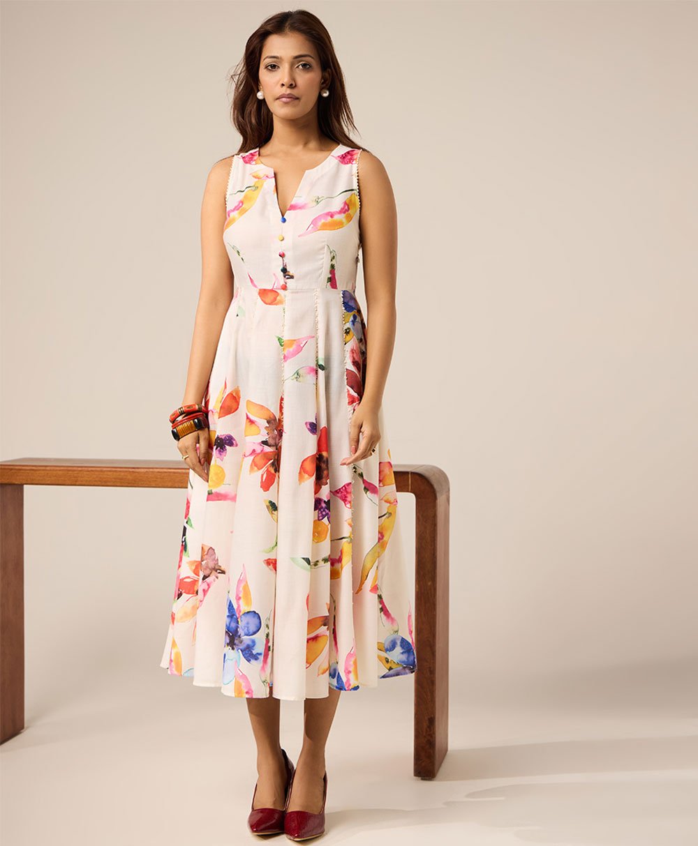 Off White Printed Cotton Dress - Mist Flora