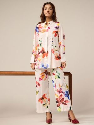 Off White Printed Cotton Co-ord Set- Set of 2 - Mist Flora