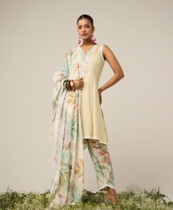 lime stripe suit set with dupatta - set of 3 - Mist Flora