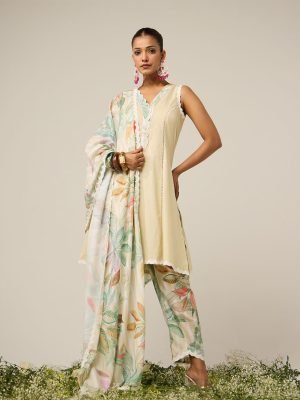 lime stripe suit set with dupatta - set of 3 - Mist Flora
