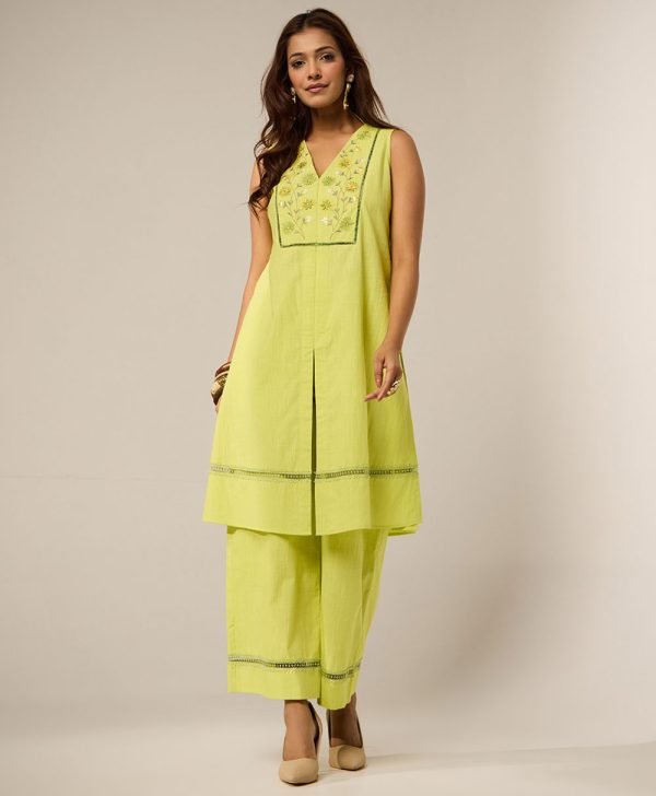 Lime green embroided set - Mist Flora