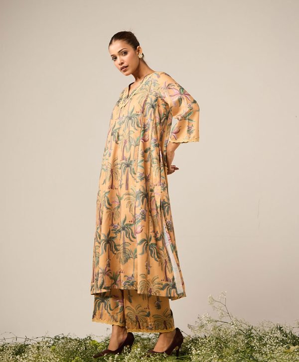 Mustard Yellow Printed Cotton Kurta with Pants- Set of 2 - Mist Flora