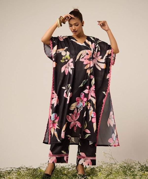 Black Printed Cotton Kaftan with Pants- Set of 2 - Mist Flora